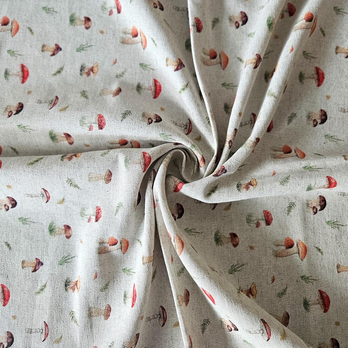 tkanina bawełniano-konopna z nadrukiem grzybków